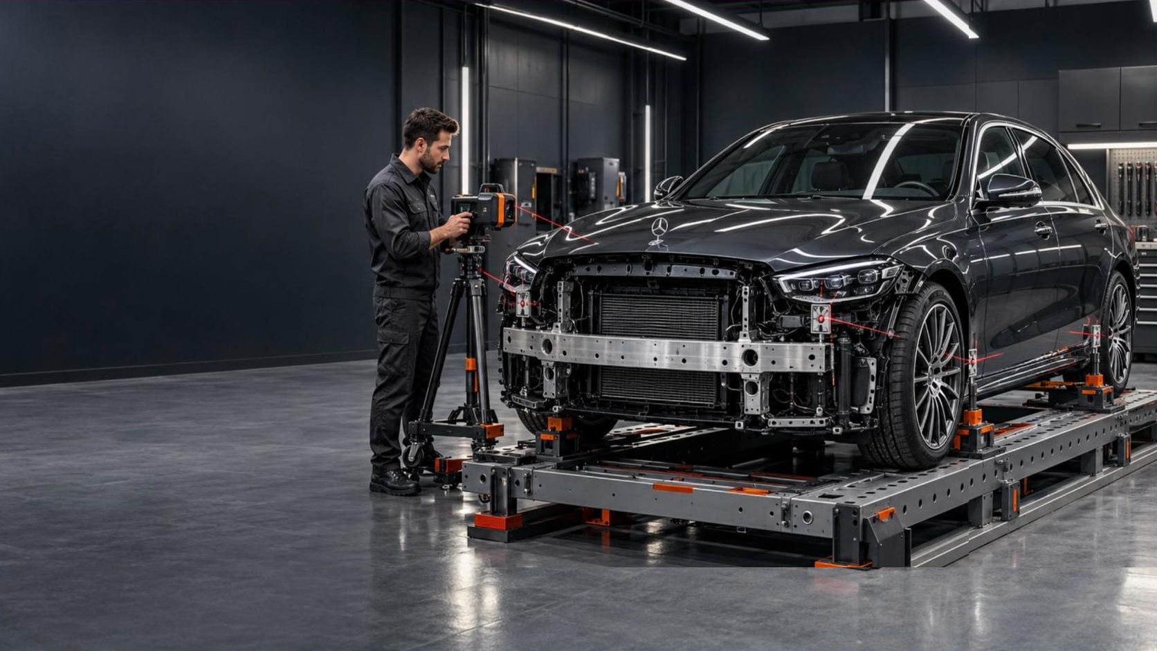 Technician measuring a Mercedes-Benz on the frame bench